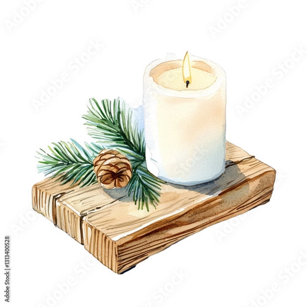 Obraz Peaceful Candle on Natural Wood with Pine and Pinecone