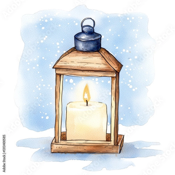 Obraz Wooden Lantern with Candle Against Snowy Background
