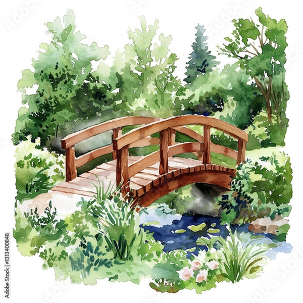 Obraz Wooden Bridge Over Peaceful Stream in Lush Garden Setting