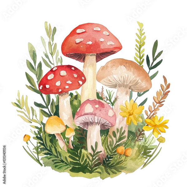 Obraz Colorful Watercolor Mushrooms in a Natural Setting