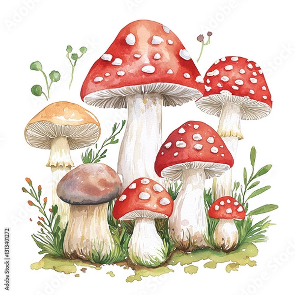 Obraz Colorful Watercolor Mushrooms in a Natural Setting