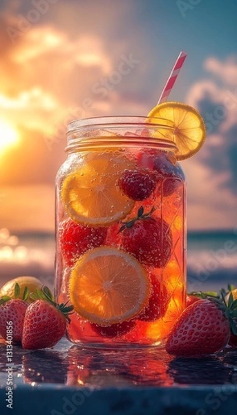 Fototapeta strawberry lemonade in an artisan glass mason jar