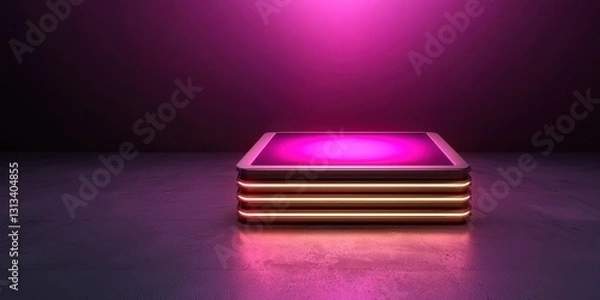 Fototapeta A sleek, illuminated platform with a vibrant pink glow against a dark background, creating a modern and artistic ambiance.
