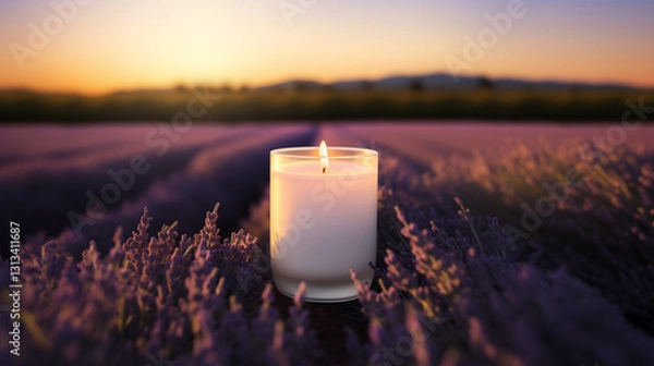 Obraz Elegant White Glass Candle Holder with Glowing Flames In French Lavender Flower Fields During Sunset. Soft Bokeh Background. Product Mockup.