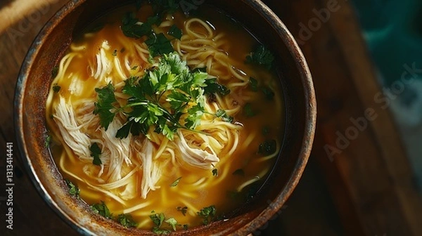 Obraz Warm chicken noodle soup garnished with parsley and served with bread