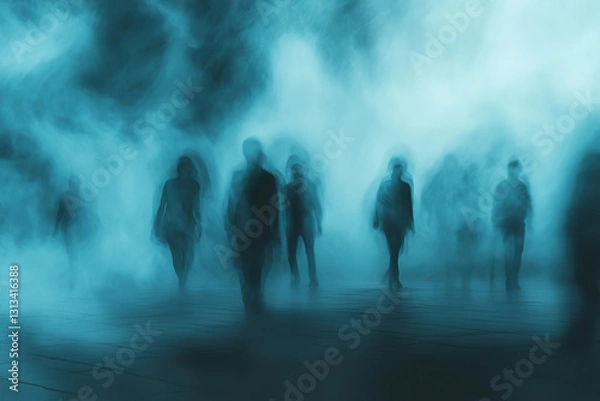 Fototapeta Blurred motion blurred silhouettes of unidentified shadowy figures walking from the mist. The image conveys a sense of anonymity and mystery.