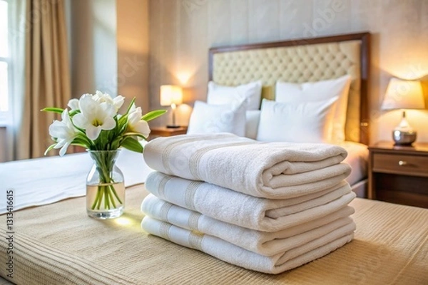 Fototapeta A stack of white towels is on top of a bed in a hotel room