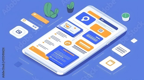 Fototapeta Mobile App User Interface Design Modern Smartphone Screen Flat Lay Isometric View UX UI Design