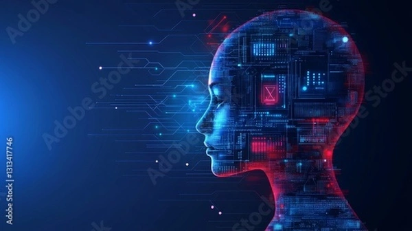 Fototapeta Futuristic Artificial Intelligence Face with Digital Circuit Elements