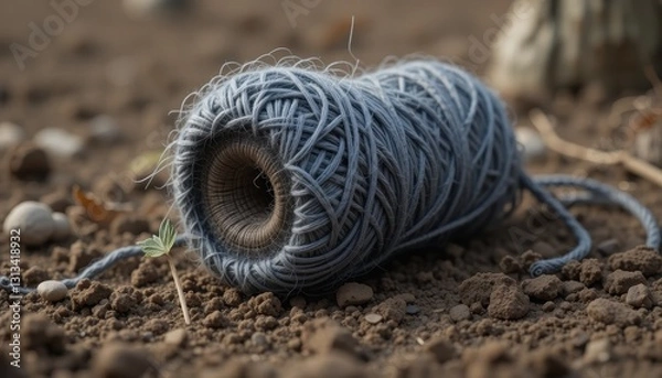 Fototapeta Grey Twine Ball on Dark Soil Background a Close Up Shot of Natural Fiber Cordage