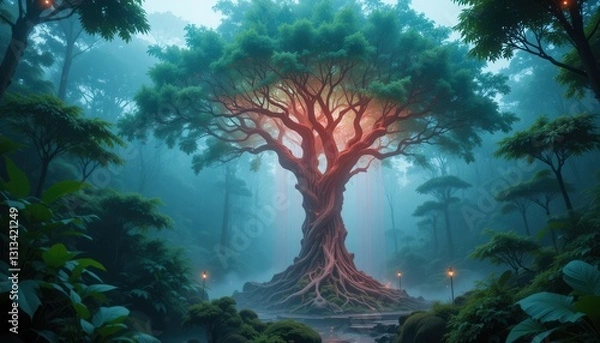Fototapeta Enchanting Glowing Tree in Mystical Foggy Forest Fantasy Landscape