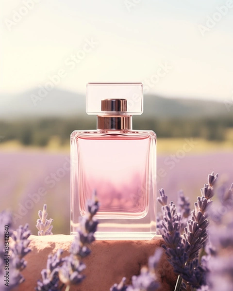 Obraz Elegant Perfume Glass Bottle On Surface In French Lavender Flower Fields During Daytime. Floral Fragrance. Soft Bokeh Background. Product Mockup.