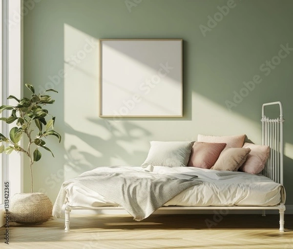 Fototapeta Sunny bedroom interior with blank poster