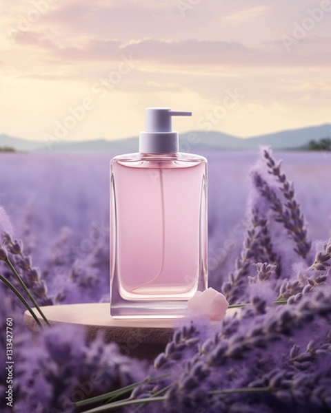 Obraz Elegant Skincare Glass Pump Bottle Mockup for Essential Oil, Serum and Lotion on Podium In French Lavender Flower Fields. Soft Bokeh Background. 
