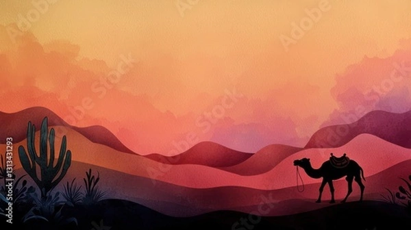 Fototapeta Adventurous Man Riding Camel Through Vast Desert Landscape Under Sun