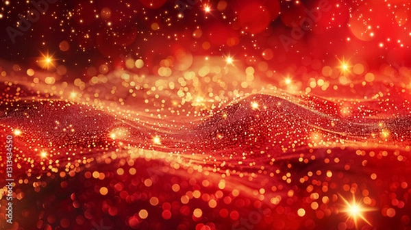 Fototapeta Elegant red festive background with golden glitter and stars.