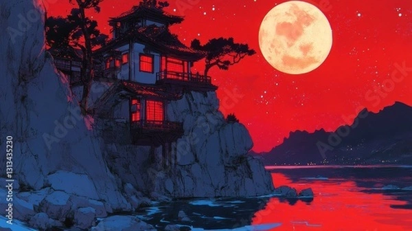 Fototapeta Pixelated sanctuary overlooking moonlit waters reflecting warm light in the serene evening sky evocative of nostalgic games