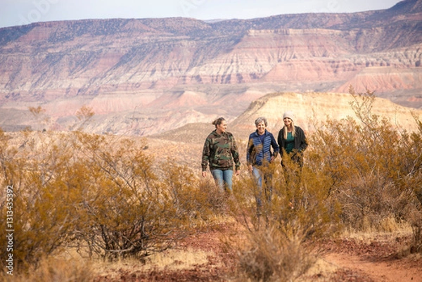 Fototapeta Three adult women hiking together in a desert landscape on a warm winter day. Enjoying the sun and the great outdoors while exercising and staying active