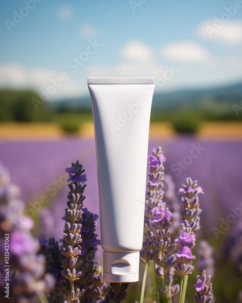 Obraz Elegant White Skincare Tube Mockup for Hand Cream, Soap and Lotion In French Lavender Flower Fields. Soft Bokeh Background. 