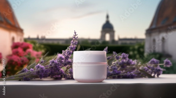 Obraz Elegant Glass Skincare Jar Mockup for Facial Cream, Moisturizer and Lotion on Surface In French City Background. Soft Bokeh Background.