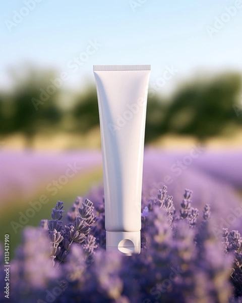 Obraz Elegant White Skincare Tube Mockup for Hand Cream, Soap and Lotion In French Lavender Flower Fields. Soft Bokeh Background. 