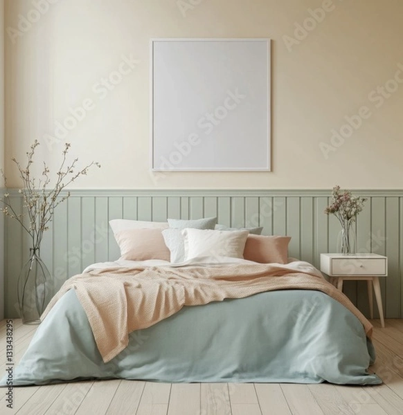 Fototapeta Beige-green bedroom with a blank frame