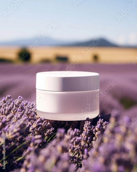 Obraz Elegant White Skincare Jar Mockup for Facial Cream, Moisturizer and Lotion In French Lavender Flower Fields. Soft Bokeh Background. 