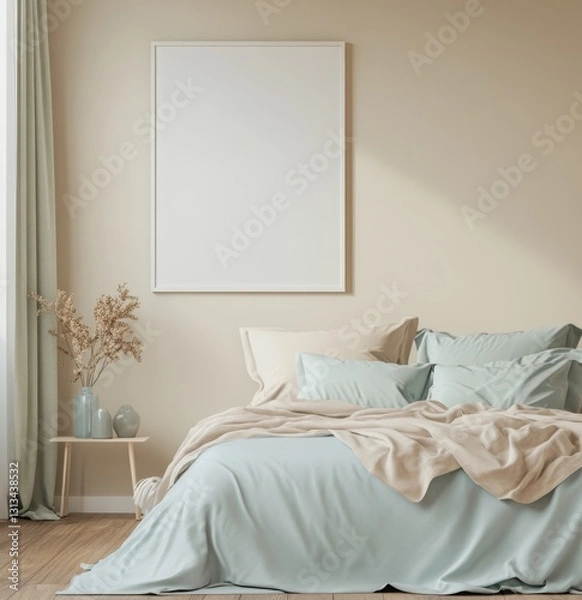 Fototapeta Beige Bedroom Mockup with Blank Art Print