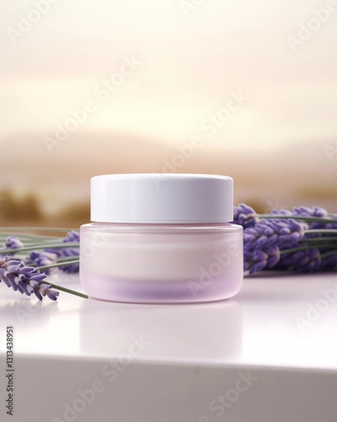 Obraz Elegant White Glass Skincare Jar Mockup for Facial Cream, Moisturizer and Lotion with A Bundle of Lavender Flowers In French Countryside Background. Soft Bokeh Background. 