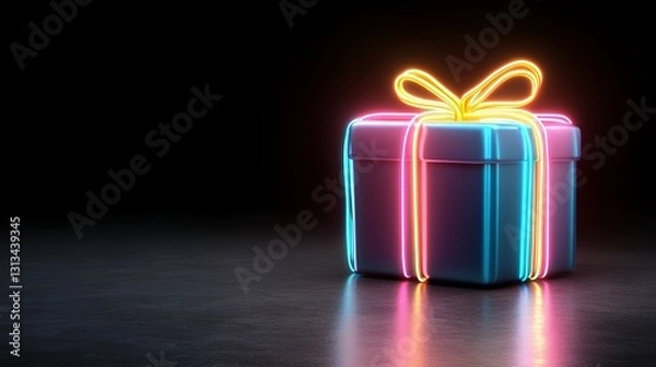 Obraz Neon Blue Gift Box with Pink and Orange Ribbon on Dark Reflective Surface