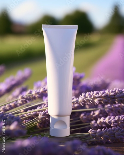 Obraz Elegant White Skincare Tube Mockup for Hand Cream, Soap and Lotion In French Lavender Flower Fields.  Soft Bokeh Background. 