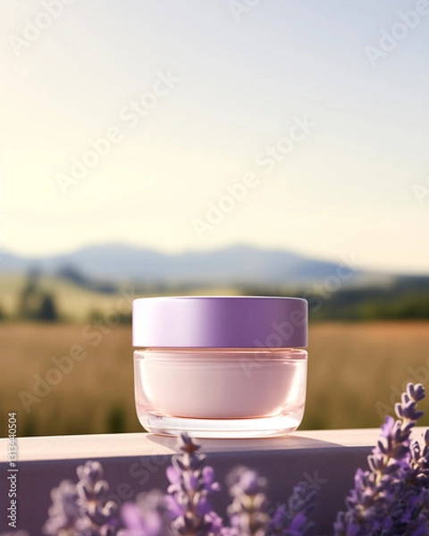 Obraz Elegant Glass Skincare Jar Mockup for Facial Cream, Moisturizer and Lotion In French Countryside Background with Lavender Flowers. Soft Bokeh Background. 