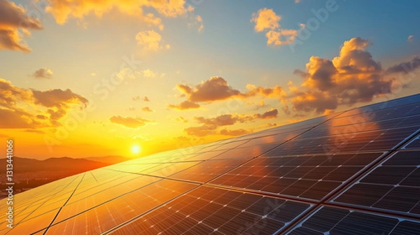 Fototapeta As the sun dips below the horizon, the solar panels silently harness energy, blending technology with the natural splendor of the evening sky.