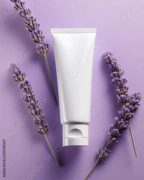 Obraz Elegant White Skincare Tube Mockup for Hand Cream, Soap and Lotion Laying on Purple Background with Lavender Flowers.