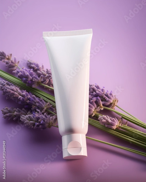 Obraz Elegant White Skincare Tube Mockup for Hand Cream, Soap and Lotion Laying on a Bundle of Lavender Flowers on Purple Background.
