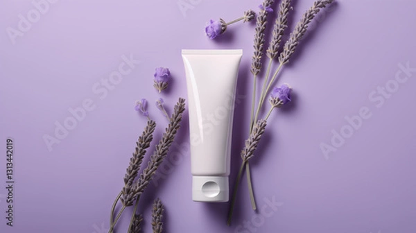 Fototapeta Elegant White Skincare Tube Mockup for Hand Cream, Soap and Lotion Laying on Purple Background with Lavender Flowers. Copy Space.