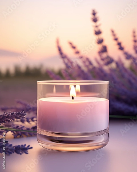 Obraz Elegant Clear Glass Candle Holder with Glowing Flames On Surface In French Lavender Flower Fields During Sunset. Soft Bokeh Background. Product Mockup.