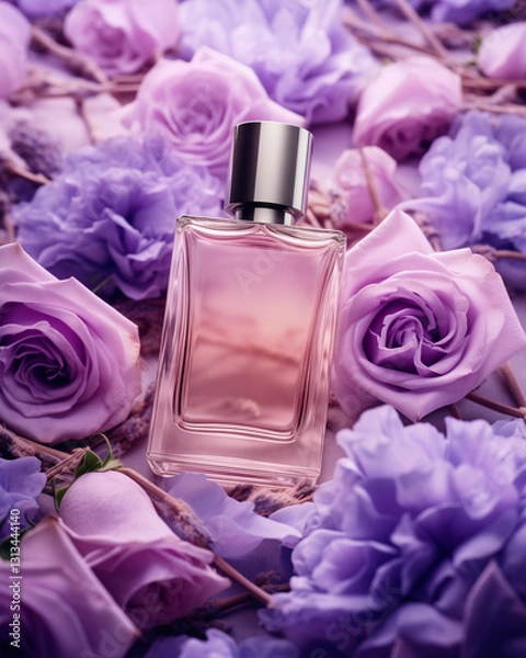 Fototapeta Elegant Perfume Glass Bottle Laying on a Bed of Purple Roses and Flowers. Floral Fragrance. Product Mockup.