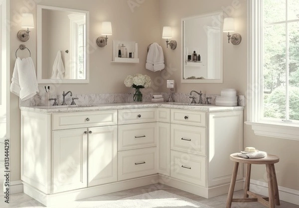 Fototapeta Elegant and Bright Corner Bathroom with Modern Fixtures, Soft Lighting, and Stylish Decorative Accents in a Fresh and Inviting Space