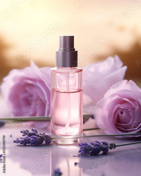 Obraz Elegant Skincare Glass Spray Bottle Mockup for Essential Oil, Serum and Perfume on White Surface with Pink Roses and French Lavender Flowers. Soft Bokeh Background. 
