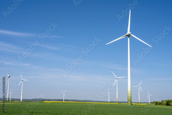 Fototapeta Modern wind turbines with green fields seen in Germany