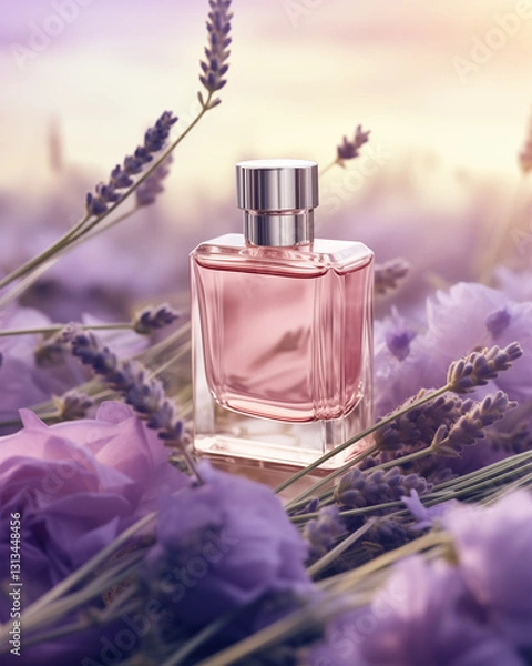 Obraz Elegant Perfume Glass Bottle with Purple Roses In French Lavender Fields. Floral Fragrance. Soft Bokeh Background. Product Mockup.