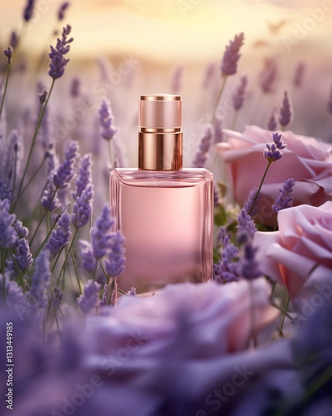 Obraz Elegant Perfume Glass Bottle with Pink Roses In French Lavender Fields. Floral Fragrance. Soft Bokeh Background. Product Mockup.