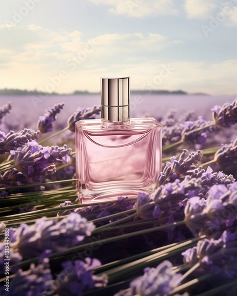 Obraz Elegant Perfume Glass Bottle on Bundles of Lavender In French Lavender Fields. Floral Fragrance. Soft Bokeh Background. Product Mockup.
