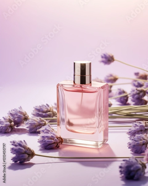 Obraz Elegant Perfume Glass Bottle on Pink Background with Bundles of Lavender Flowers. Floral Fragrance. Product Mockup. Copy Space.