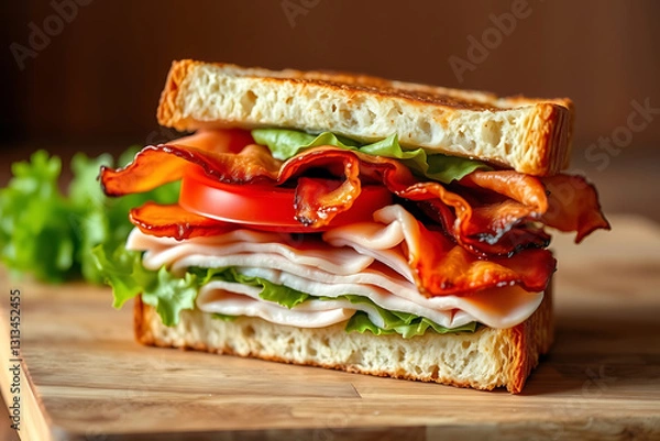 Obraz Delicious club sandwich stock-image with layers of crispy bacon, fresh lettuce, juicy tomato slices, and tender turkey stacked between perfectly toasted bread,