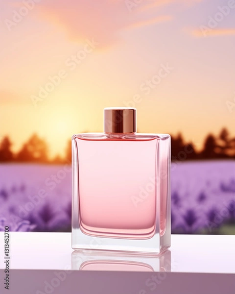 Obraz Elegant Skincare Glass Bottle Mockup for Essential Oil, Serum and Perfume on White Surface In French Lavender Flower Fields. Soft Bokeh Background. 