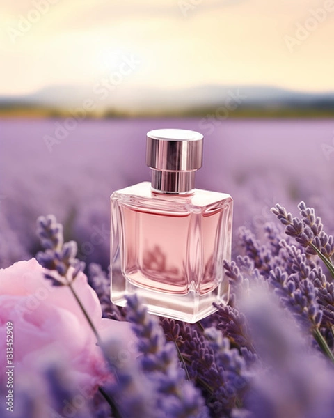 Obraz Elegant Perfume Glass Bottle with Pink Roses In French Lavender Flower Fields During Sunrise. Floral Fragrance. Soft Bokeh Background. Product Mockup.