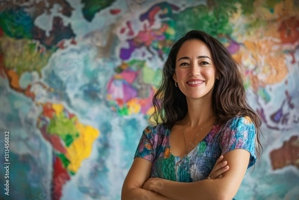 Fototapeta Vibrant Young Woman Posing Confidently in Front of World Map