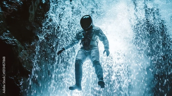 Fototapeta Astronaut's Waterfall Adventure